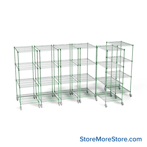 Pull Out Wire Shelving, 159" W x 72" D x 79" H, 36" Shelf Depth, 6 Total Units, Green Epoxy, 3686-6