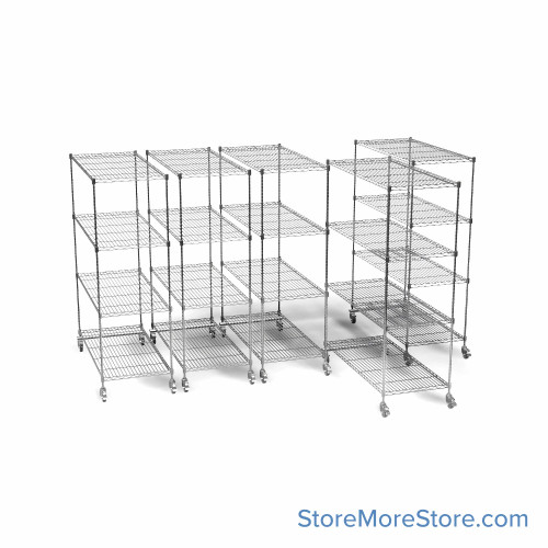 Pull Out Wire Shelving, 159" W x 36" D x 79" H, 48" Shelf Depth, 5 Total Units, Chrome