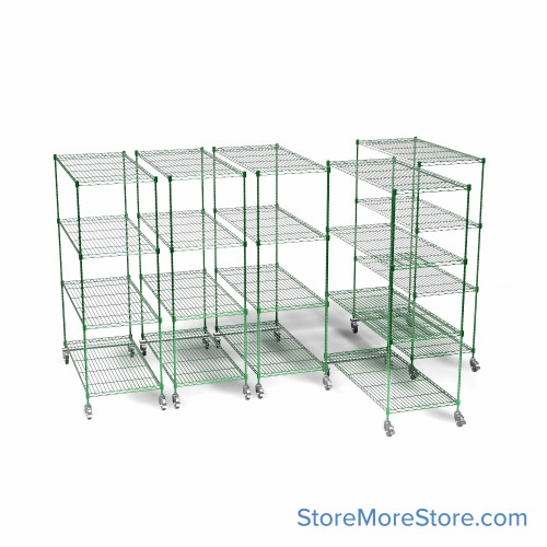 Pull Out Wire Shelving, 51" W x 48" D x 79" H, 48" Shelf Depth, 5 Total Units, Green Epoxy