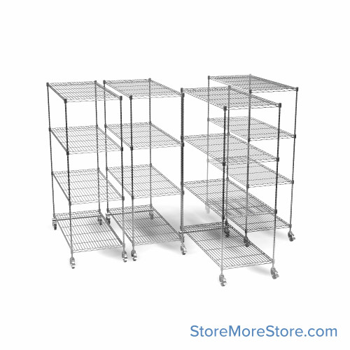 Pull Out Wire Shelving, 141" W x 60" D x 79" H, 48" Shelf Depth, 4 Total Units, Chrome, 4874-4