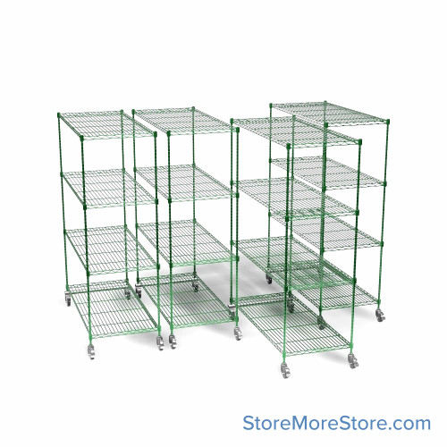 Pull Out Wire Shelving, 45" W x 72" D x 79" H, 48" Shelf Depth, 4 Total Units, Green Epoxy, 4874-4