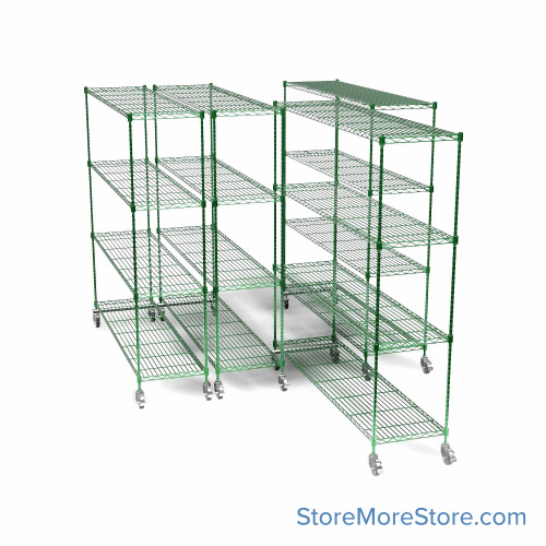 Pull Out Wire Shelving, 93" W x 60" D x 91" H, 72" Shelf Depth, 4 Total Units, Green Epoxy