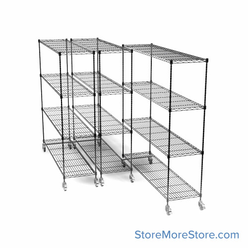 Pull Out Wire Shelving, 21" W x 36" D x 91" H, 72" Shelf Depth, 3 Total Units, Black Epoxy, 7286-3