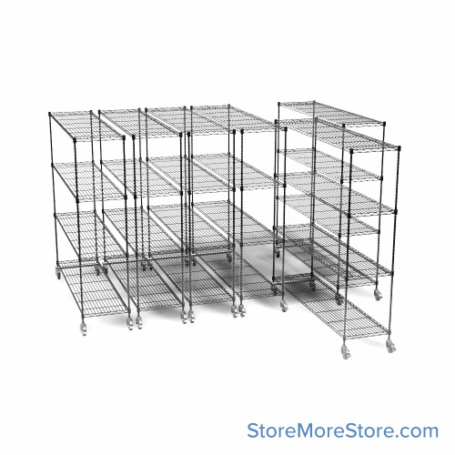 Pull Out Wire Shelving, 24" W x 60" D x 91" H, 72" Shelf Depth, 6 Total Units, Black Epoxy