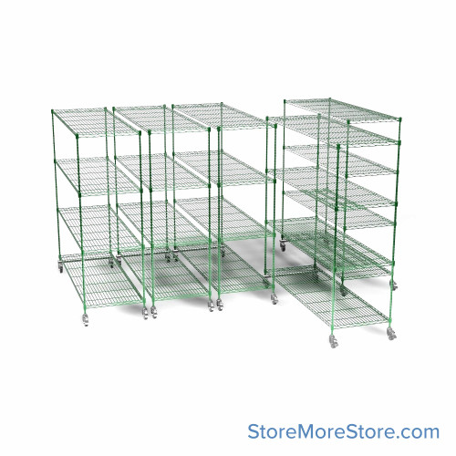 Pull Out Wire Shelving, 159" W x 48" D x 91" H, 72" Shelf Depth, 5 Total Units, Green Epoxy, 7274-5