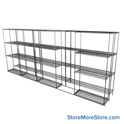 Sliding Wire Shelving, 193" W x 30" D x 78" H, 14" Shelf Depth, 1 Row, Chrome