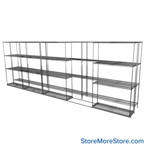 Sliding Wire Shelving, 223" W x 30" D x 78" H, 14" Shelf Depth, 1 Row, Chrome