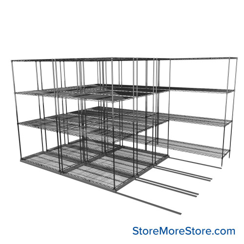 Sliding Wire Shelving, 134" W x 78" D x 90" H, 21" Shelf Depth, 3 Rows, Corrosion Resistant Zinc
