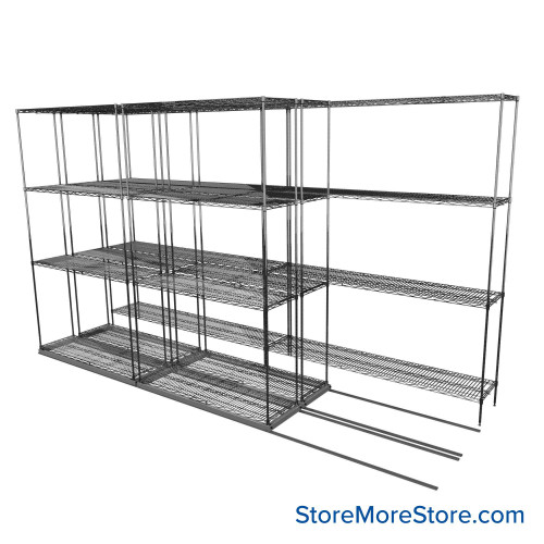 Sliding Wire Shelving, 134" W x 46" D x 78" H, 14" Shelf Depth, 2 Rows, Chrome