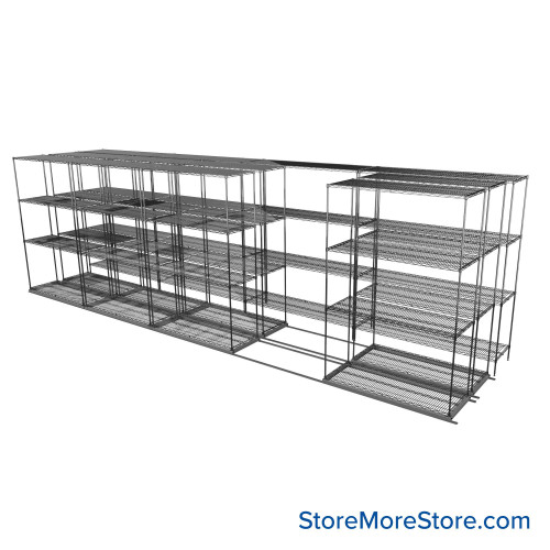 Sliding Wire Shelving, 253" W x 58" D x 78" H, 18" Shelf Depth, 2 Rows, Corrosion Resistant Zinc