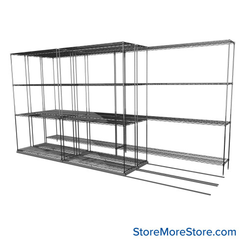 Sliding Wire Shelving, 152" W x 46" D x 78" H, 14" Shelf Depth, 2 Rows, Chrome