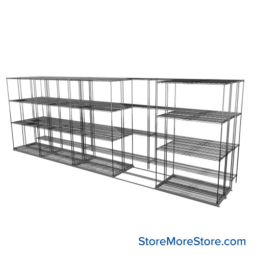 Sliding Wire Shelving, 223" W x 46" D x 78" H, 14" Shelf Depth, 2 Rows, Chrome