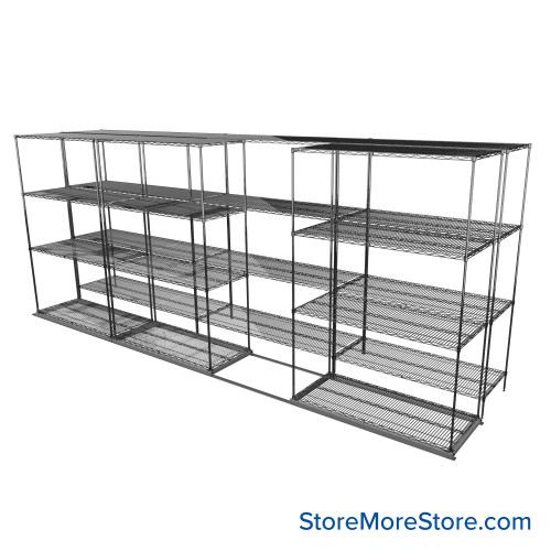 Sliding Wire Shelving, 203" W x 44" D x 78" H, 21" Shelf Depth, 1 Row, Chrome