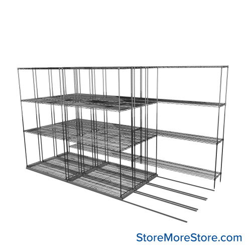 Sliding Wire Shelving, 134" W x 62" D x 78" H, 14" Shelf Depth, 3 Rows, Corrosion Resistant Zinc