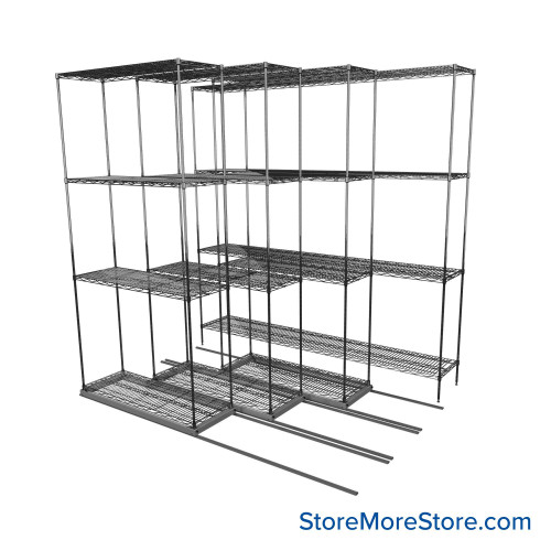 Sliding Wire Shelving, 78" W x 62" D x 78" H, 14" Shelf Depth, 3 Rows, Chrome