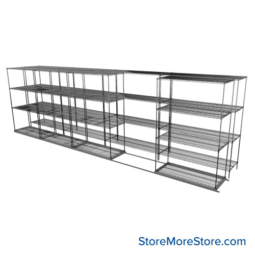 Sliding Wire Shelving, 253" W x 44" D x 78" H, 21" Shelf Depth, 1 Row, Corrosion Resistant Zinc