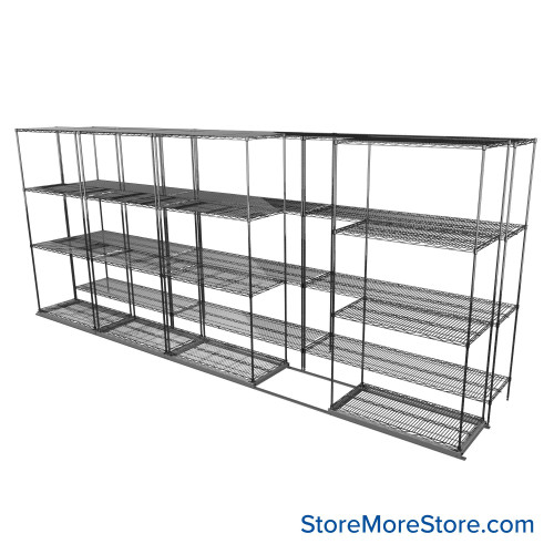 Sliding Wire Shelving, 193" W x 38" D x 78" H, 18" Shelf Depth, 1 Row, Chrome