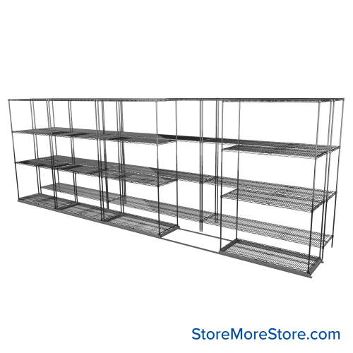 Sliding Wire Shelving, 223" W x 38" D x 78" H, 18" Shelf Depth, 1 Row, Chrome
