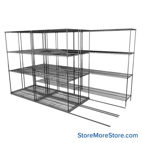 Sliding Wire Shelving, 134" W x 58" D x 78" H, 18" Shelf Depth, 2 Rows, Chrome