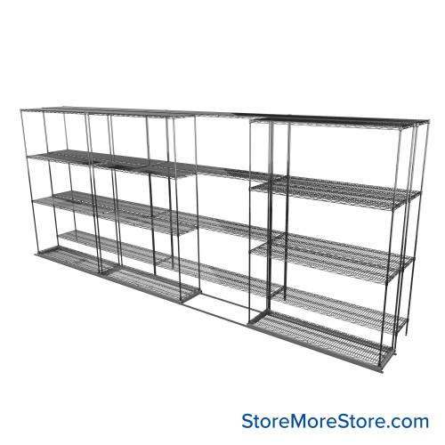 Sliding Wire Shelving, 203" W x 30" D x 78" H, 14" Shelf Depth, 1 Row, Chrome
