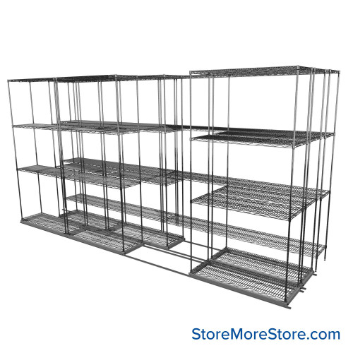 Sliding Wire Shelving, 146" W x 46" D x 78" H, 14" Shelf Depth, 2 Rows, Chrome