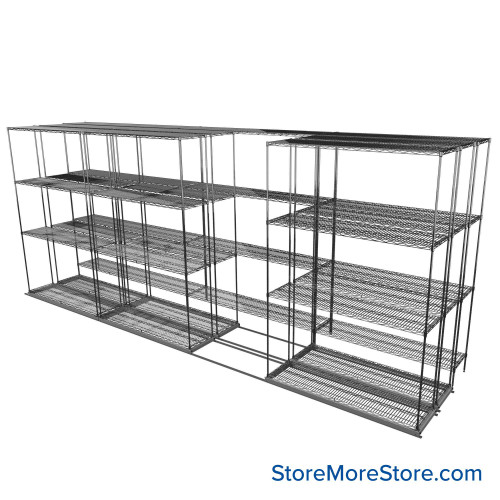 Sliding Wire Shelving, 203" W x 46" D x 78" H, 14" Shelf Depth, 2 Rows, Corrosion Resistant Zinc