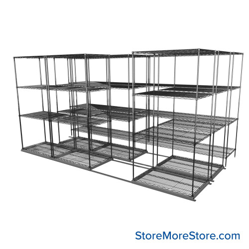 Sliding Wire Shelving, 146" W x 76" D x 78" H, 24" Shelf Depth, 2 Rows, Chrome