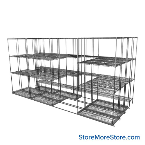 Sliding Wire Shelving, 146" W x 62" D x 78" H, 14" Shelf Depth, 3 Rows, Chrome