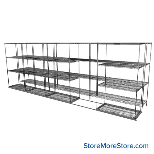 Sliding Wire Shelving, 223" W x 44" D x 78" H, 21" Shelf Depth, 1 Row, Chrome