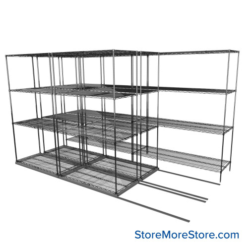 Sliding Wire Shelving, 134" W x 67" D x 78" H, 21" Shelf Depth, 2 Rows, Chrome