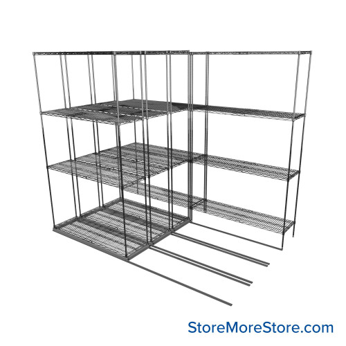Sliding Wire Shelving, 90" W x 62" D x 78" H, 14" Shelf Depth, 3 Rows, Corrosion Resistant Zinc