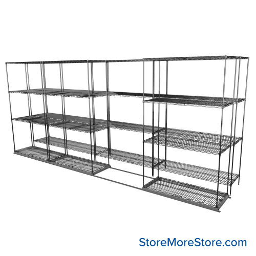 Sliding Wire Shelving, 179" W x 38" D x 78" H, 18" Shelf Depth, 1 Row, Chrome