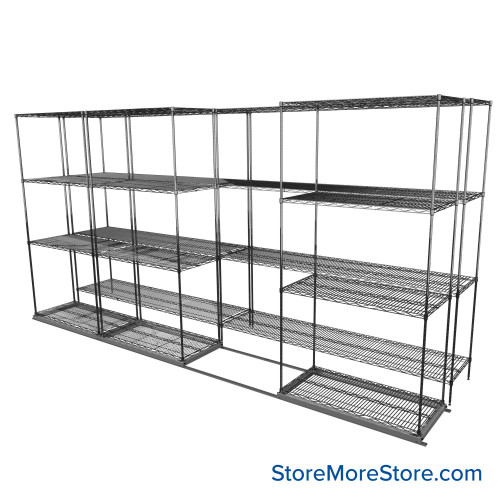 Sliding Wire Shelving, 146" W x 38" D x 78" H, 18" Shelf Depth, 1 Row, Corrosion Resistant Zinc