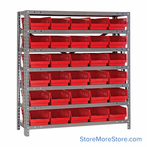 Bin Storage Shelves, 12" D x 39" H, 7 Shelves, 30 Bins, Red