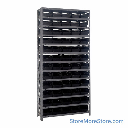 Bin Storage Shelves, 12" D x 75" H, 13 Shelves, 60 Bins, Black