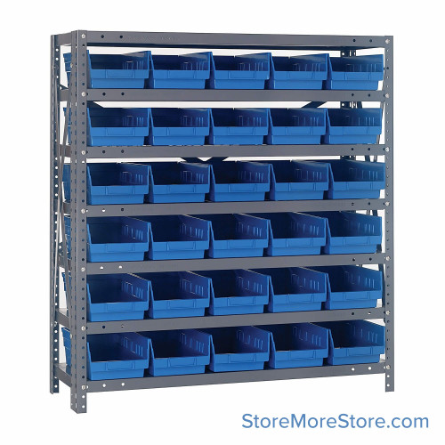 Bin Storage Shelves, 18" D x 39" H, 7 Shelves, 30 Bins, Blue