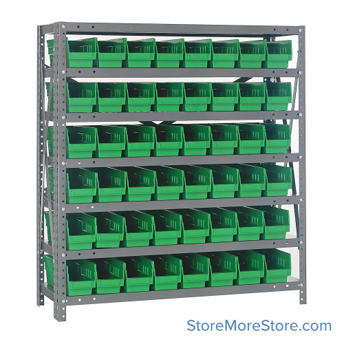 Bin Storage Shelves, 18" D x 39" H, 7 Shelves, 48 Bins, Green