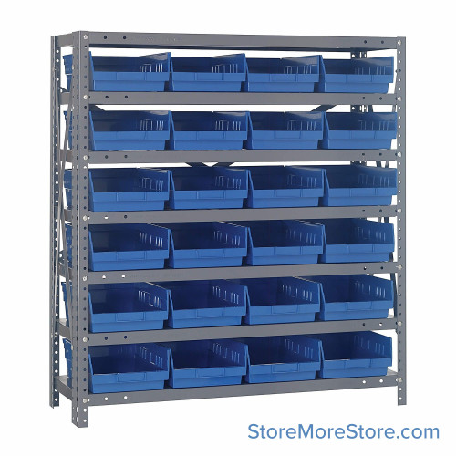 Bin Storage Shelves, 18" D x 39" H, 7 Shelves, 24 Bins, Blue