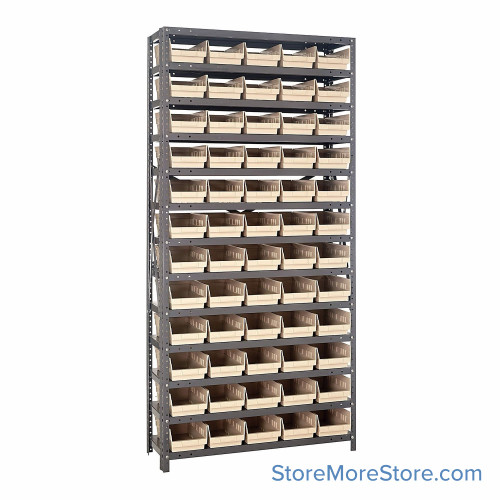 Bin Storage Shelves, 12" D x 75" H, 13 Shelves, 60 Bins, Ivory