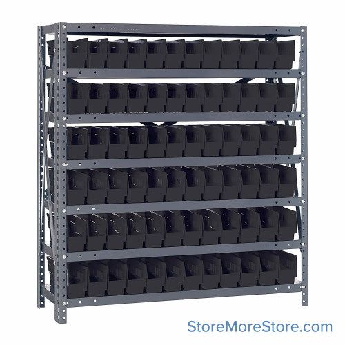 Bin Storage Shelves, 12" D x 39" H, 7 Shelves, 72 Bins, Black