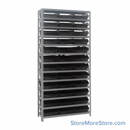 Bin Storage Shelves, 12" D x 75" H, 13 Shelves, 36 Bins, Black