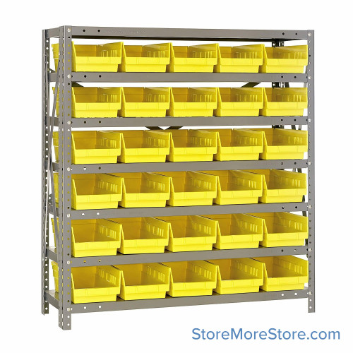Bin Storage Shelves, 18" D x 39" H, 7 Shelves, 30 Bins, Yellow