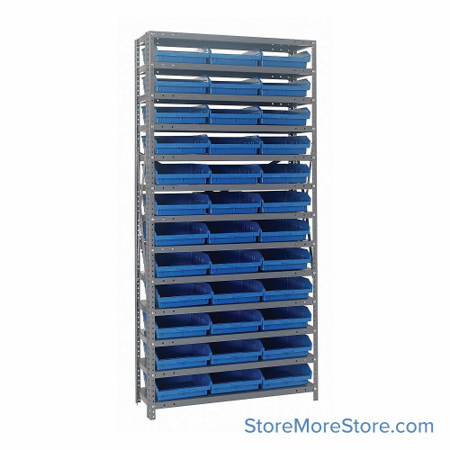 Bin Storage Shelves, 12" D x 75" H, 13 Shelves, 36 Bins, Blue