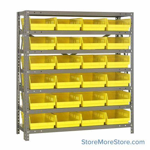 Bin Storage Shelves, 18" D x 39" H, 7 Shelves, 24 Bins, Yellow