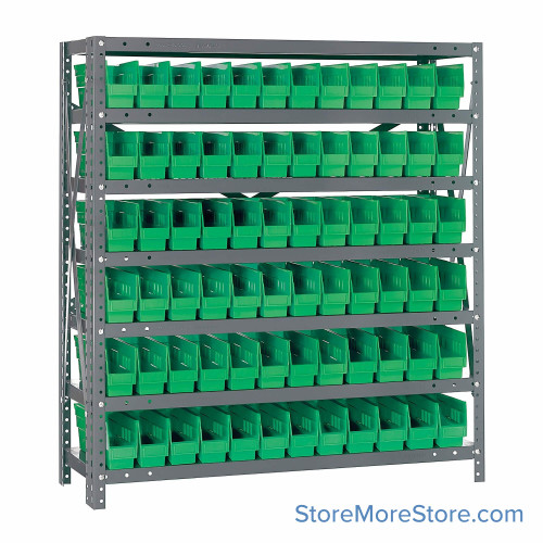 Bin Storage Shelves, 12" D x 39" H, 7 Shelves, 72 Bins, Green