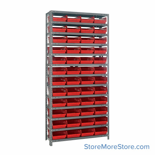 Bin Storage Shelves, 12" D x 75" H, 13 Shelves, 48 Bins, Red