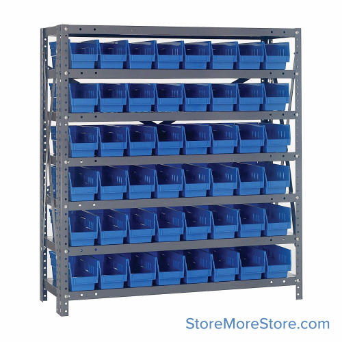 Bin Storage Shelves, 12" D x 39" H, 7 Shelves, 48 Bins, Blue