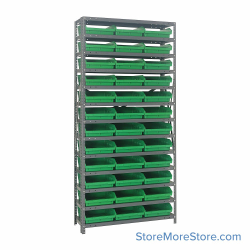 Bin Storage Shelves, 12" D x 75" H, 13 Shelves, 36 Bins, Green