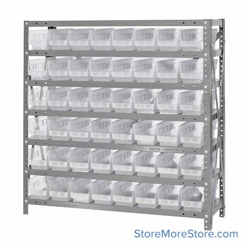 Bin Storage Shelves, 12" D x 39" H, 7 Shelves, 48 Bins, Clear
