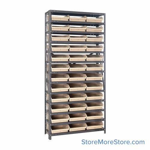 Bin Storage Shelves, 12" D x 75" H, 13 Shelves, 36 Bins, Ivory